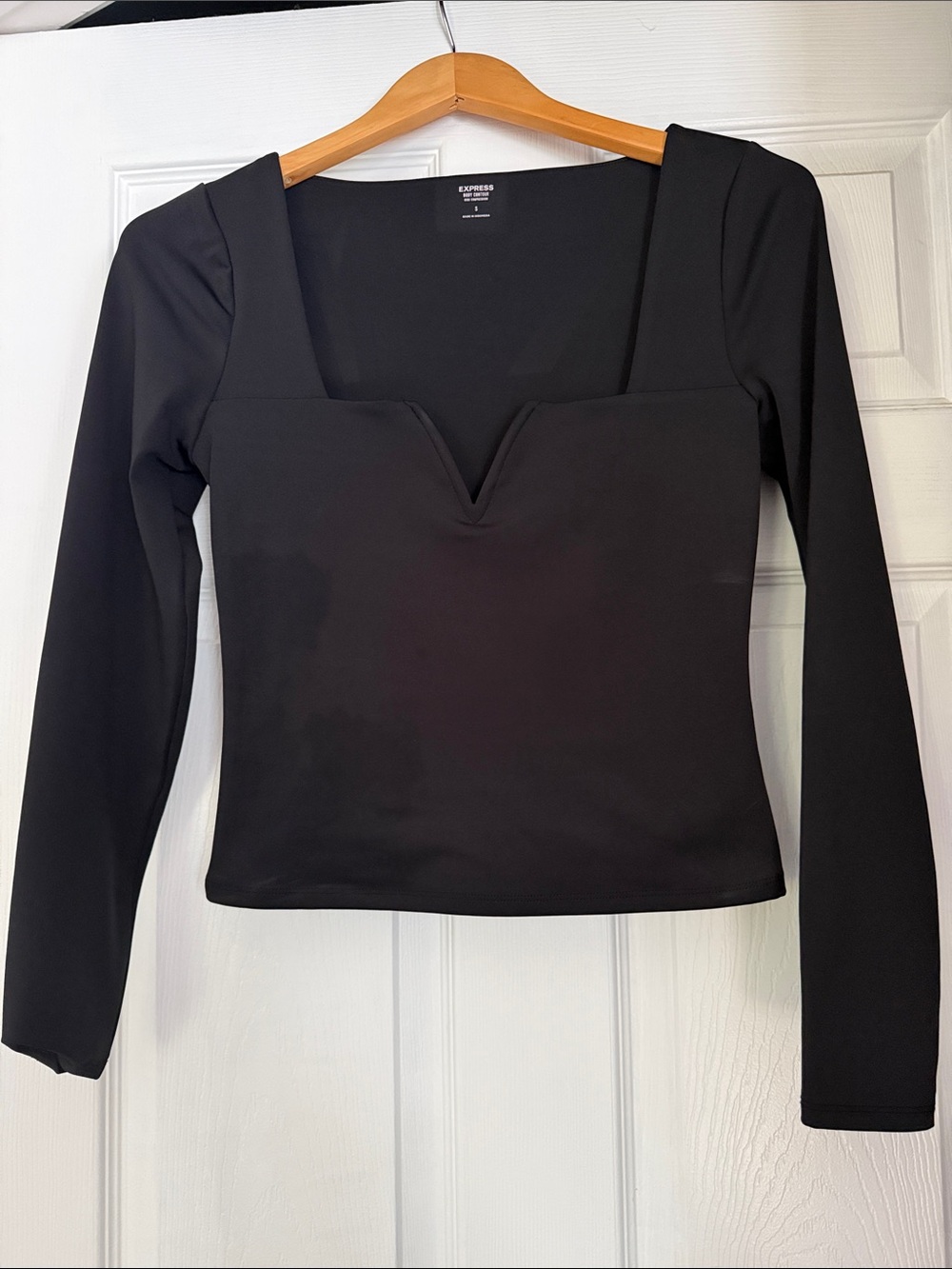Express Black Long-Sleeve Square Neck Top with V-Notch